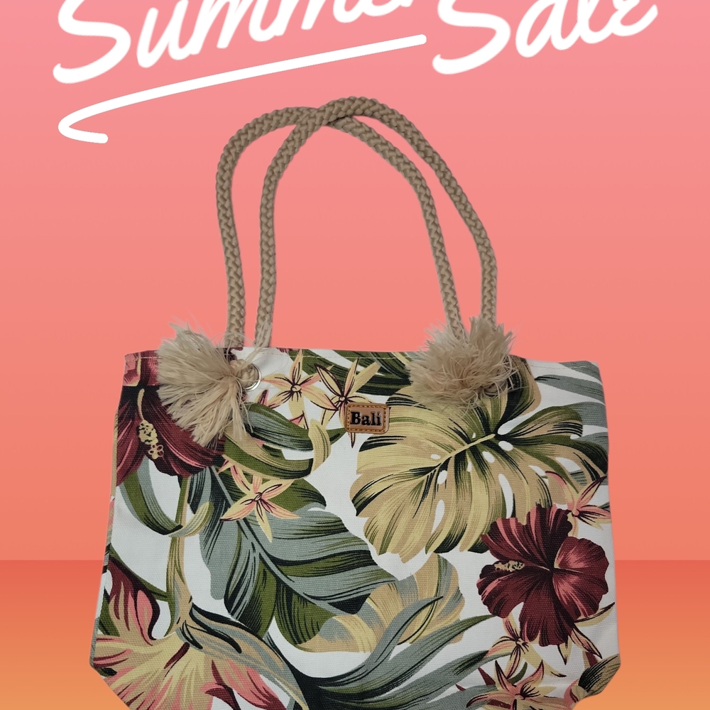 Bali Tropical Floral Tote Bag - Green and Red